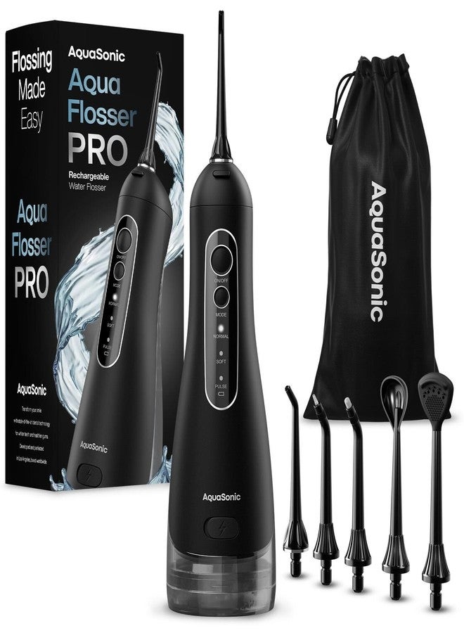 AquaSonic Aqua Flosser PRO - Rechargeable Cordless Water Flosser for Teeth, Gums & Tongue - Modern Design, 300ml Large Tank, 6 Jet Tips with Deluxe Tongue Nozzle, 3 Modes, Waterproof Black - Image 1